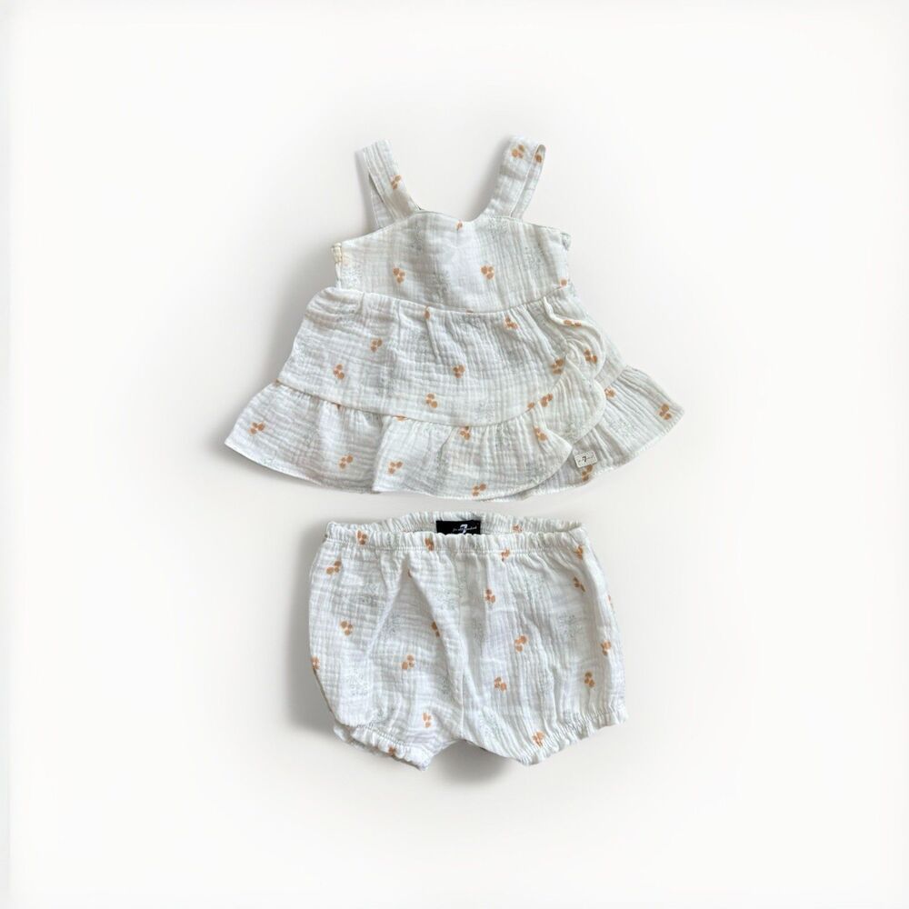 7 For All Mankind Baby Tank Top and Shorts Bloomers Set White Floral 3/6 Months